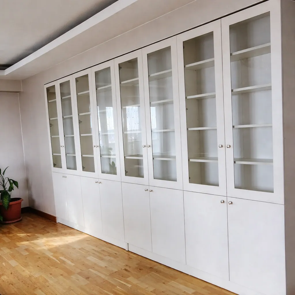 Beyaz cam kapaklı gömme dolap modern özel ölçü depolama sistemi