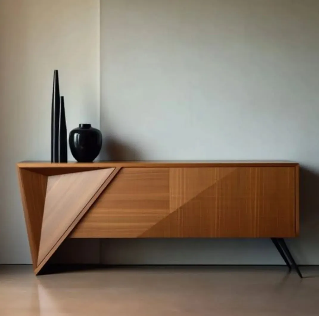 Geometrik tasarımlı modern ahşap TV ünitesi konsol minimalist