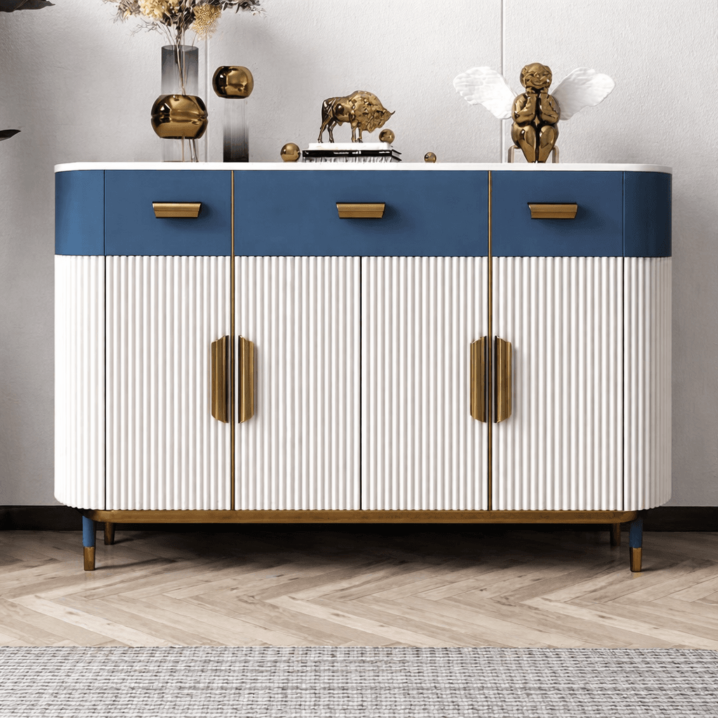 Modern konsol dolap mavi beyaz ahşap tasarım dekoratif depolama ünitesi