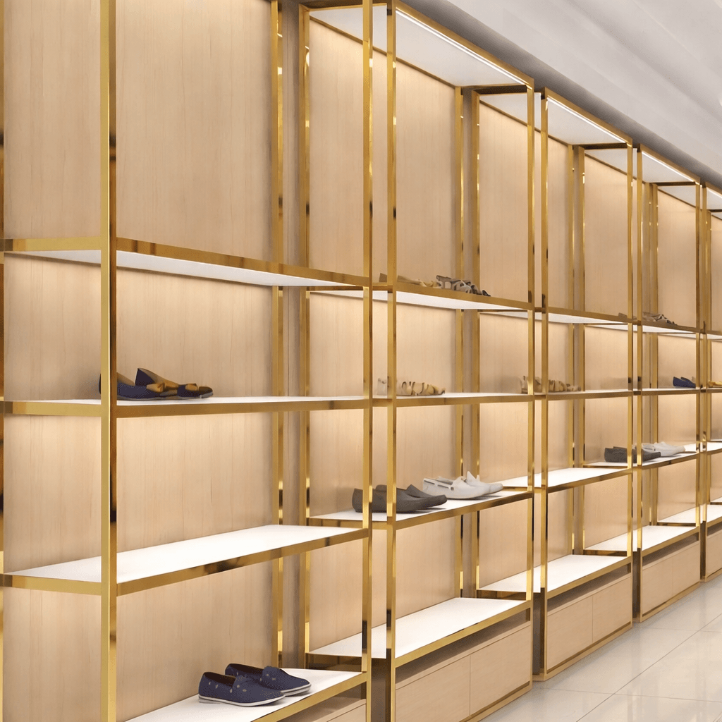 Altın metal detaylı modern mağaza raf sistemi ayakkabı sergileme ünitesi