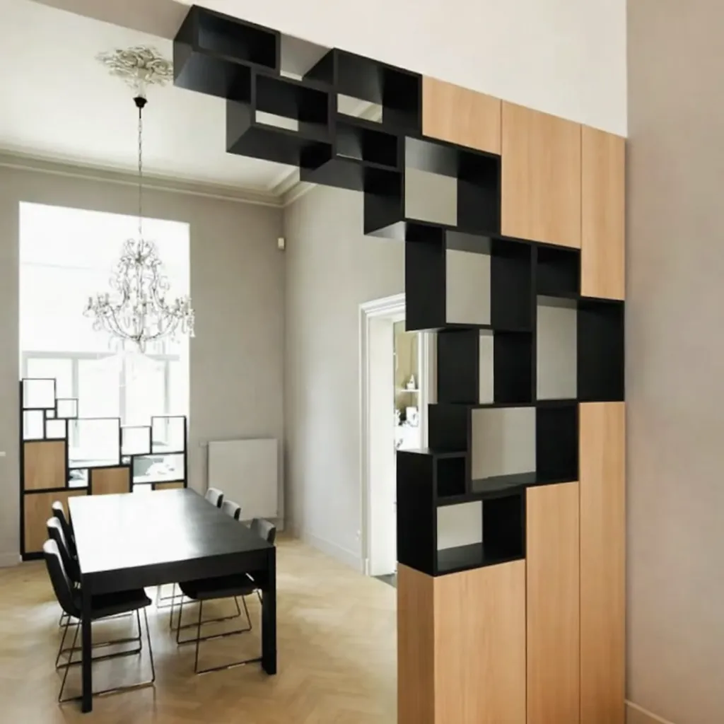 Modern oda ayırıcı dekoratif raf siyah ahşap özel tasarım kitaplık bölme sistemi