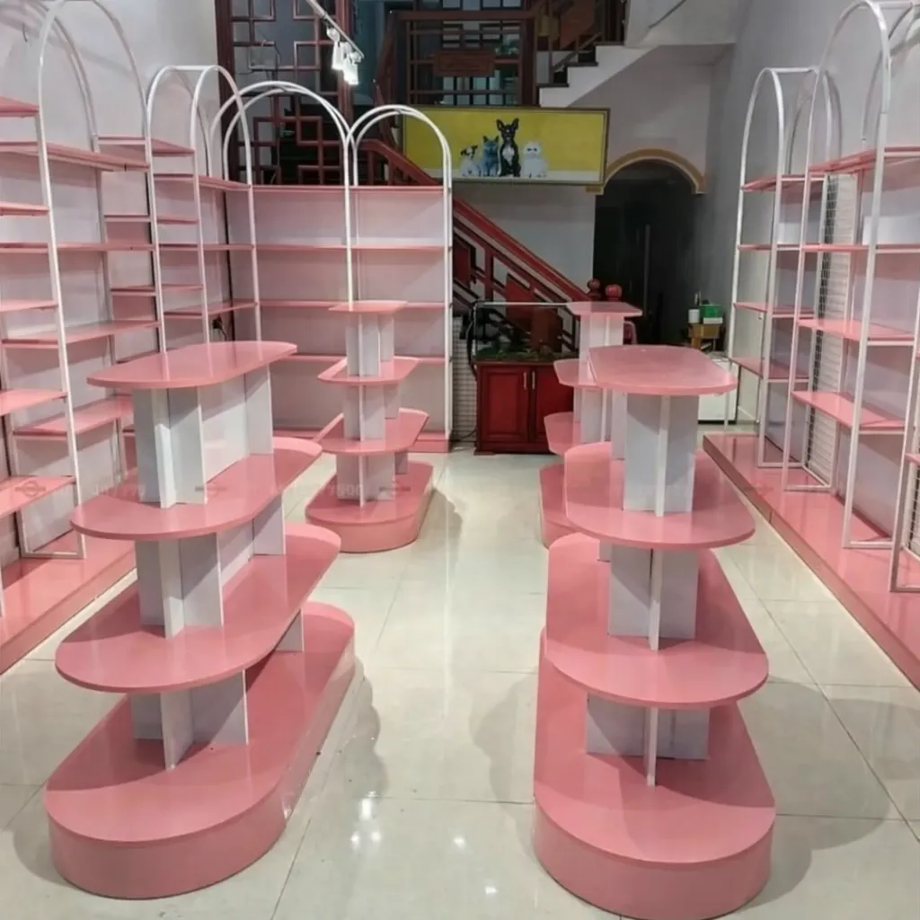 Pembe mağaza raf sistemi özel tasarım ürün sergileme standı